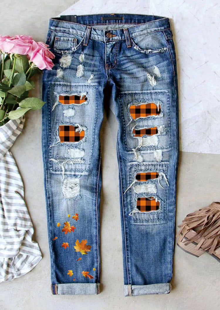 Women's Jeans Ripped Print Patch Maple Leaf Plaid 005785 - D&A