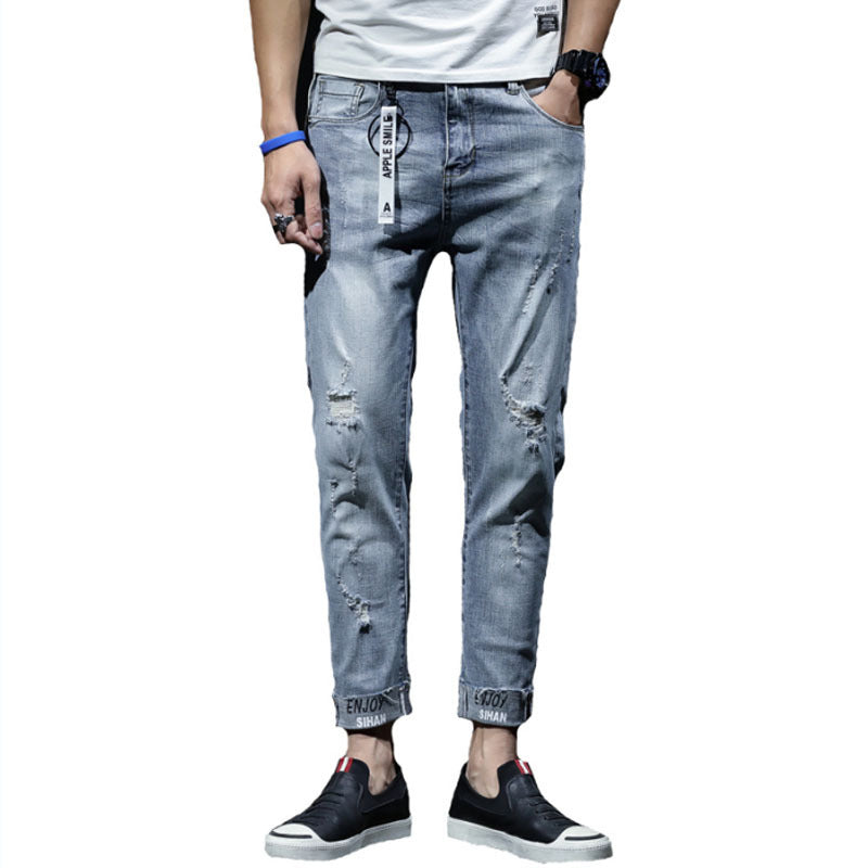 Spring And Summer Ripped Jeans Elastic Small Leg Straight Leg Pants Youth - D&A