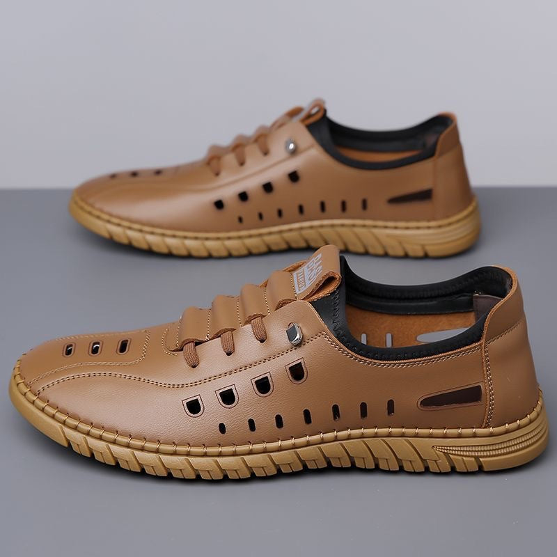 Hollow Breathable White Shoes Hole Shoes Soft Bottom Men Slip-on Leather Sandals Brown - D&A