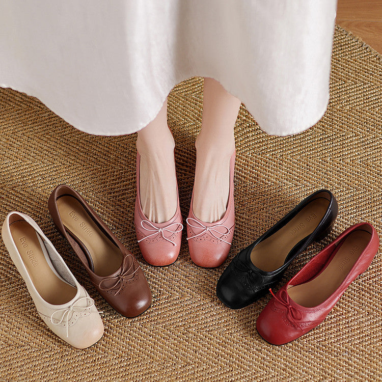 Women's Round Toe Shallow Mouth Gentle Bow Mid Heel Leather Shoes - D&A