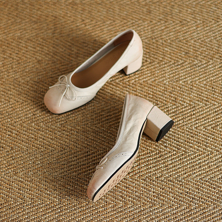 Women's Round Toe Shallow Mouth Gentle Bow Mid Heel Leather Shoes Beige - D&A