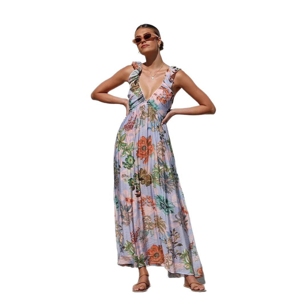 Women's Printed V-neck Large Swing Suspender Dress - D&A