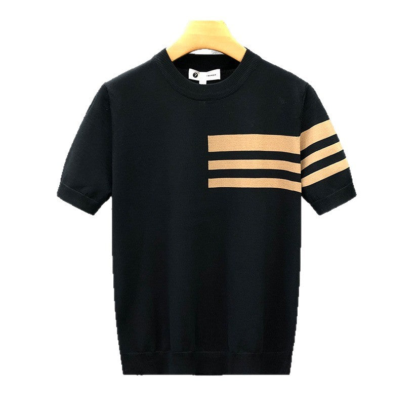 Trendy All-match Round Neck Knitted Short Sleeve Contrast Color Thin T-shirt - D&A