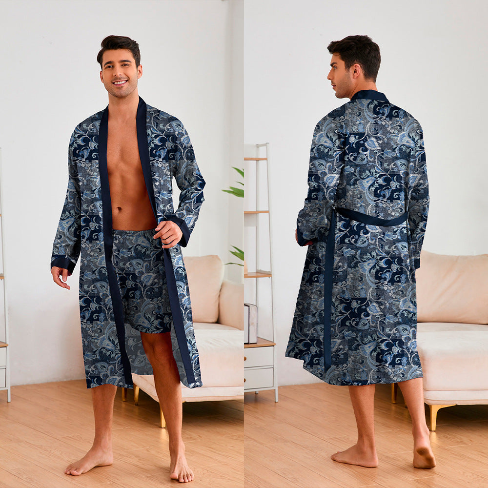 Printing Men's Robes Long Sleeve Shorts Suit Blue Flower With Cloth Pattern - D&A