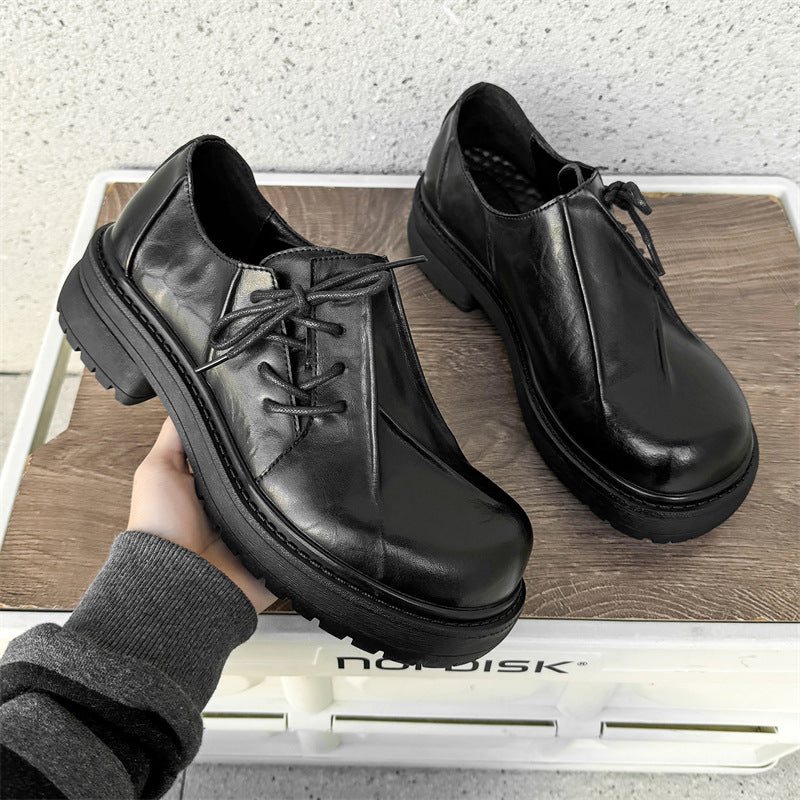Inner Height Increasing Black Platform Warped Head Leather Shoes Female Size Height Increasing - D&A