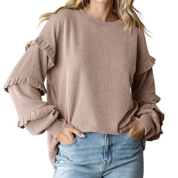 Women's Lantern Sleeve Round Neck Lace Sleeve Top - D&A