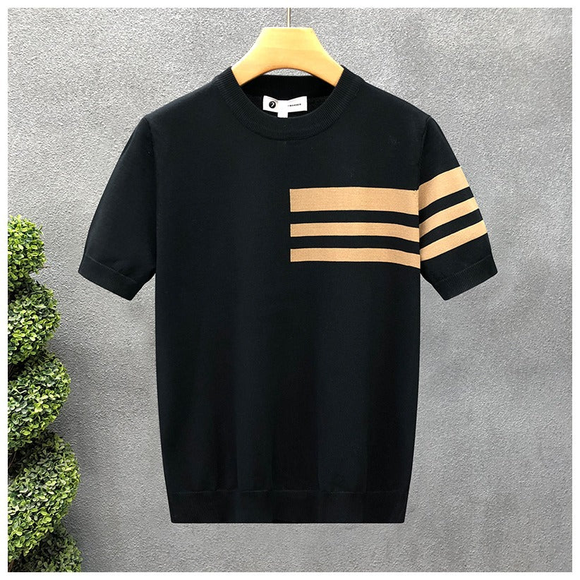 Trendy All-match Round Neck Knitted Short Sleeve Contrast Color Thin T-shirt Black - D&A