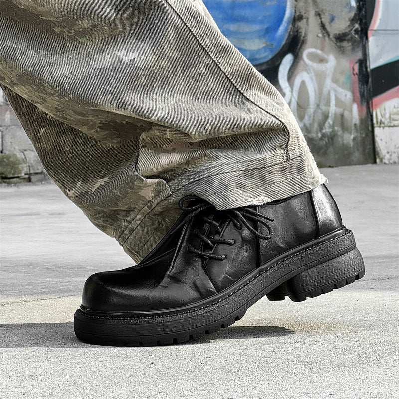 Inner Height Increasing Black Platform Warped Head Leather Shoes - D&A