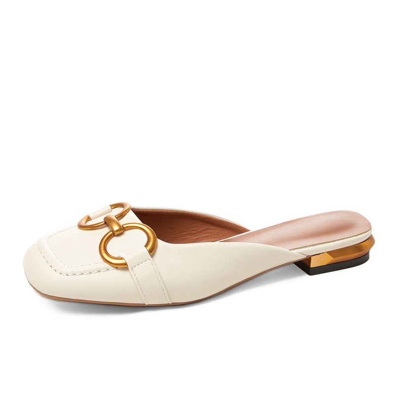 Summer Wear Fashionable Square Toe Korean Style Elegant Flat Heel Ins Slip-on Slippers Beige - D&A