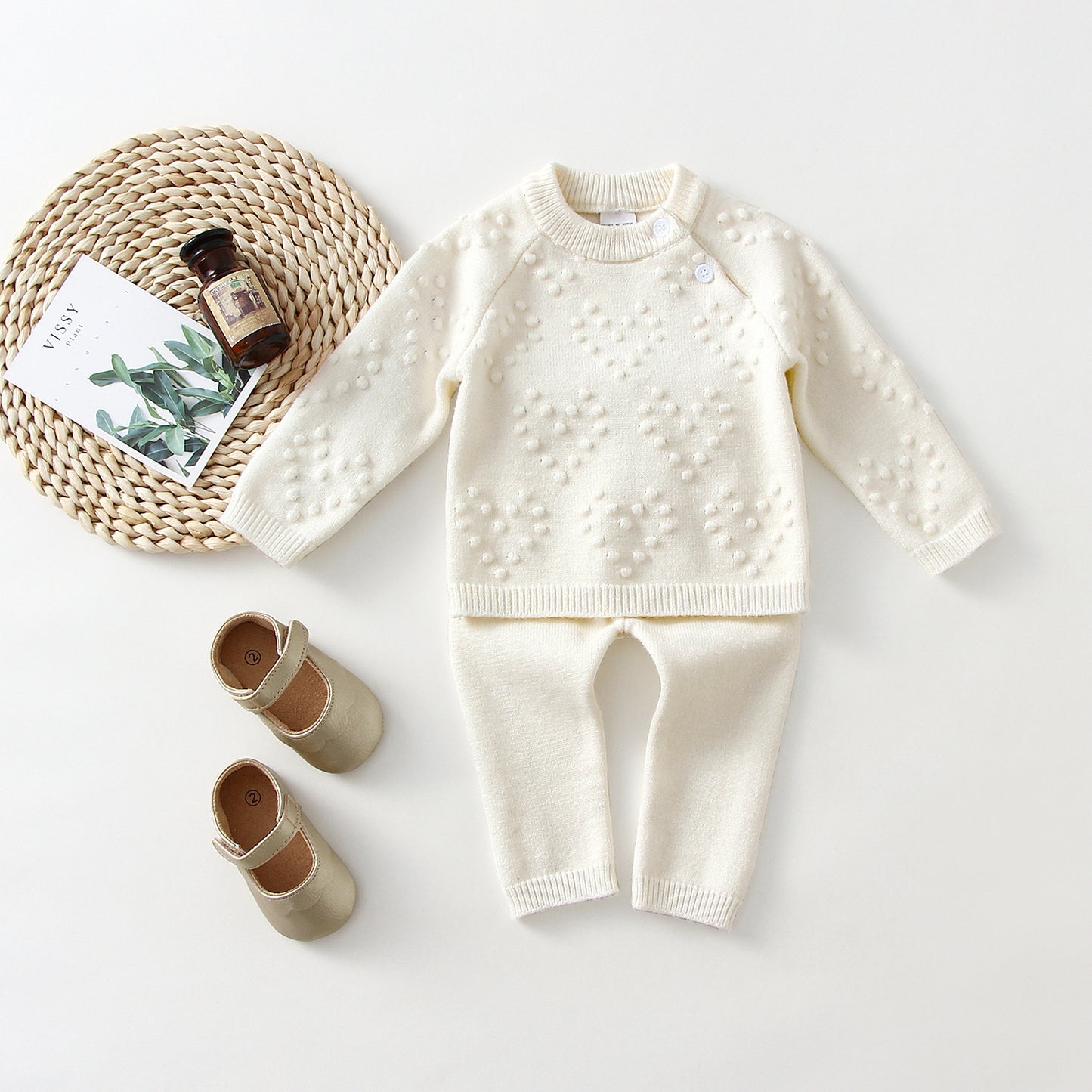 Children's Knitted Love Solid Color Sweater And Pants Set White - D&A