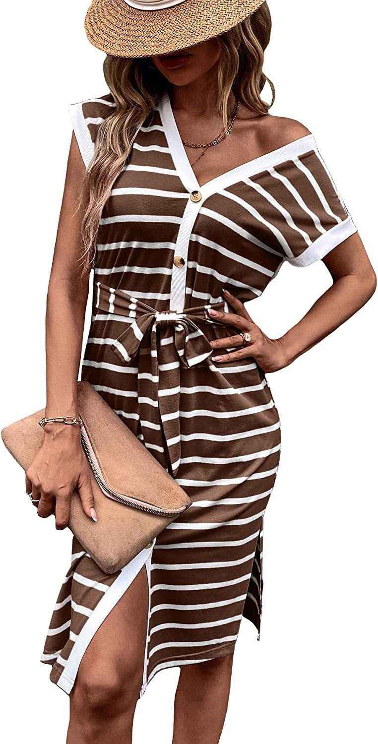 Striped Lace-up Cardigan Single-breasted Split Dress