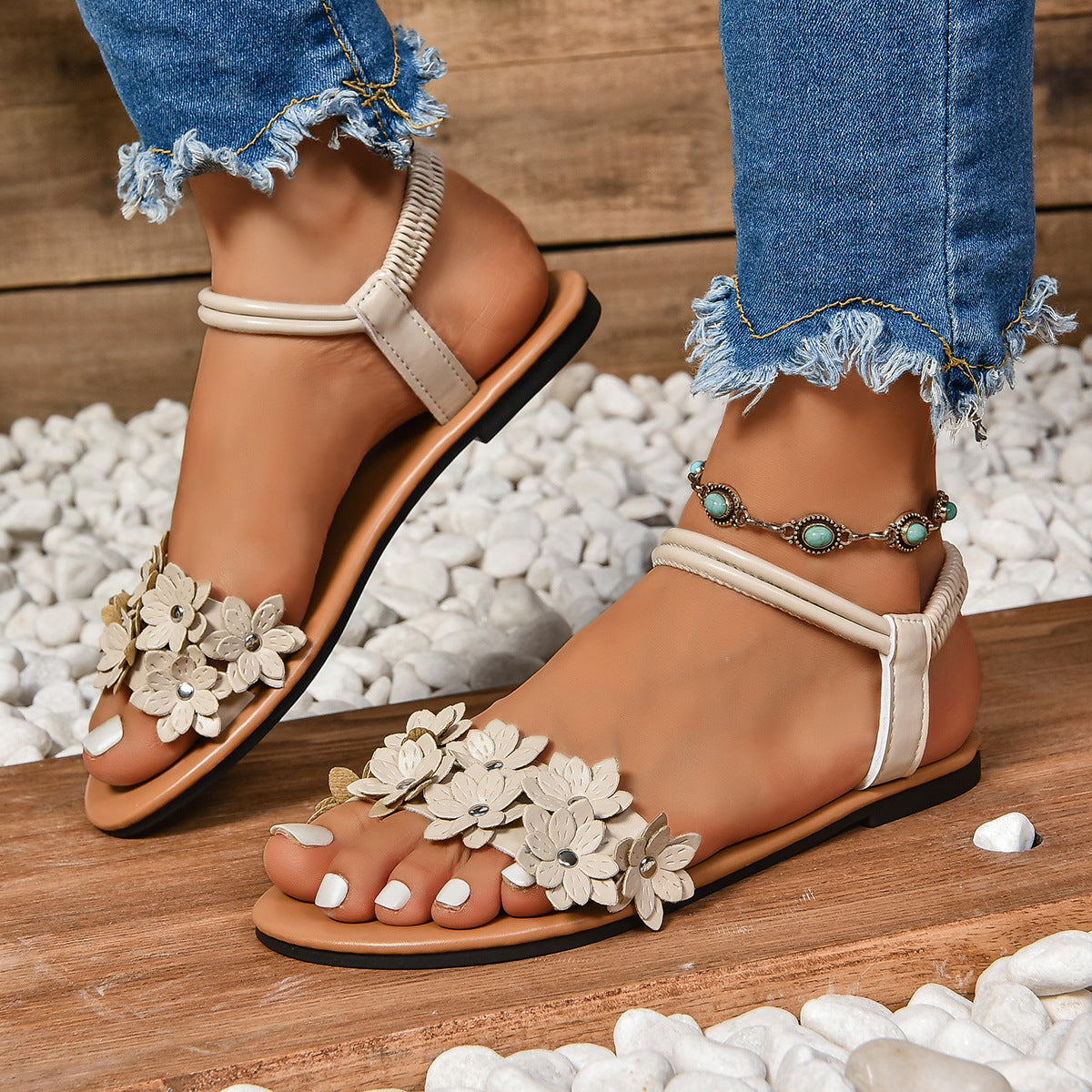 Bohemian Flat Flower Strap Sandals Beige - D&A