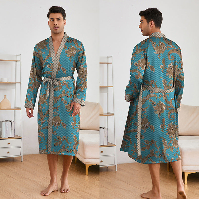 Printing Men's Robes Long Sleeve Shorts Suit Lake Green Brown Flower - D&A