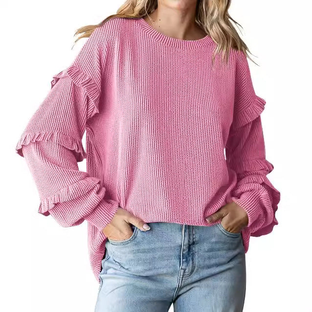 Women's Lantern Sleeve Round Neck Lace Sleeve Top - D&A