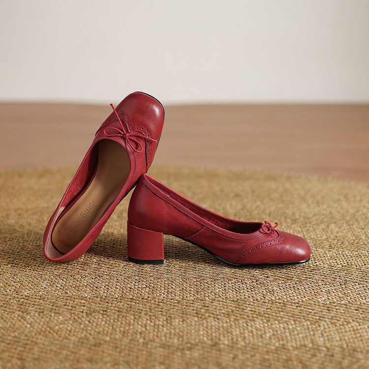 Women's Round Toe Shallow Mouth Gentle Bow Mid Heel Leather Shoes Wine Red - D&A