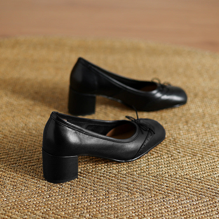 Women's Round Toe Shallow Mouth Gentle Bow Mid Heel Leather Shoes Black - D&A