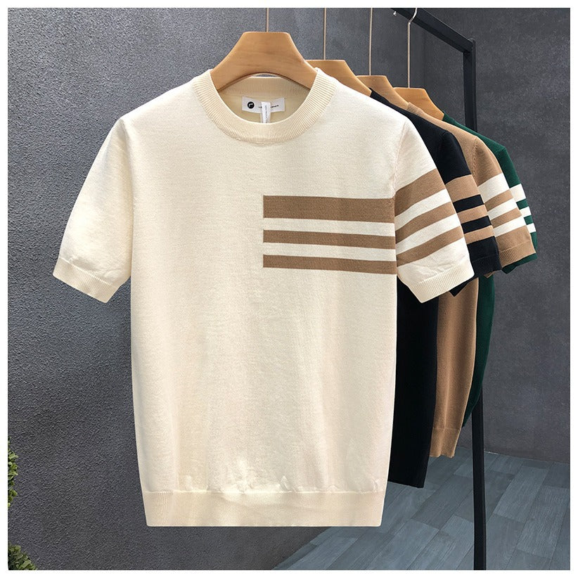 Trendy All-match Round Neck Knitted Short Sleeve Contrast Color Thin T-shirt - D&A