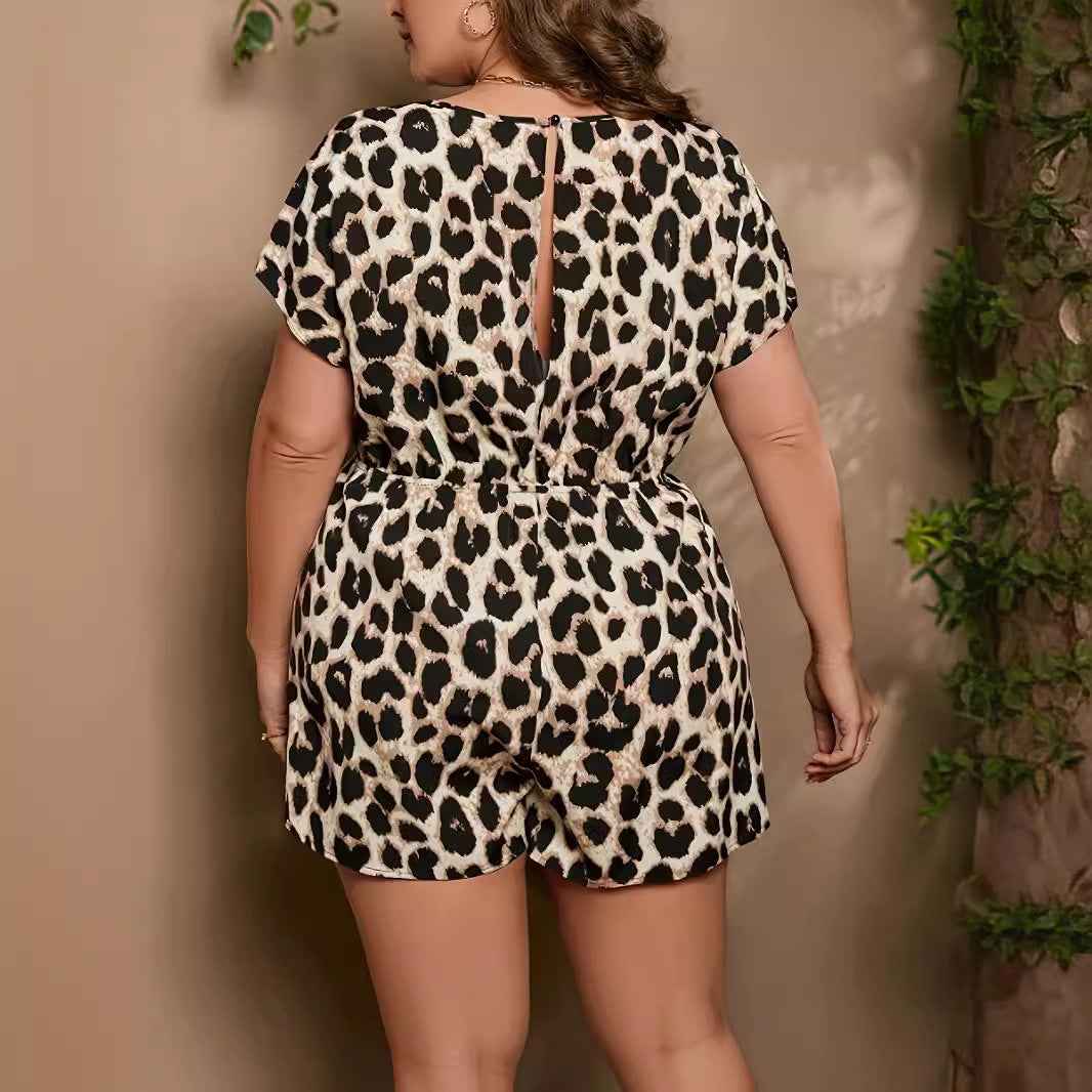 Sexy V-neck Leopard Print Short Sleeve Lace-up One-piece Shorts
