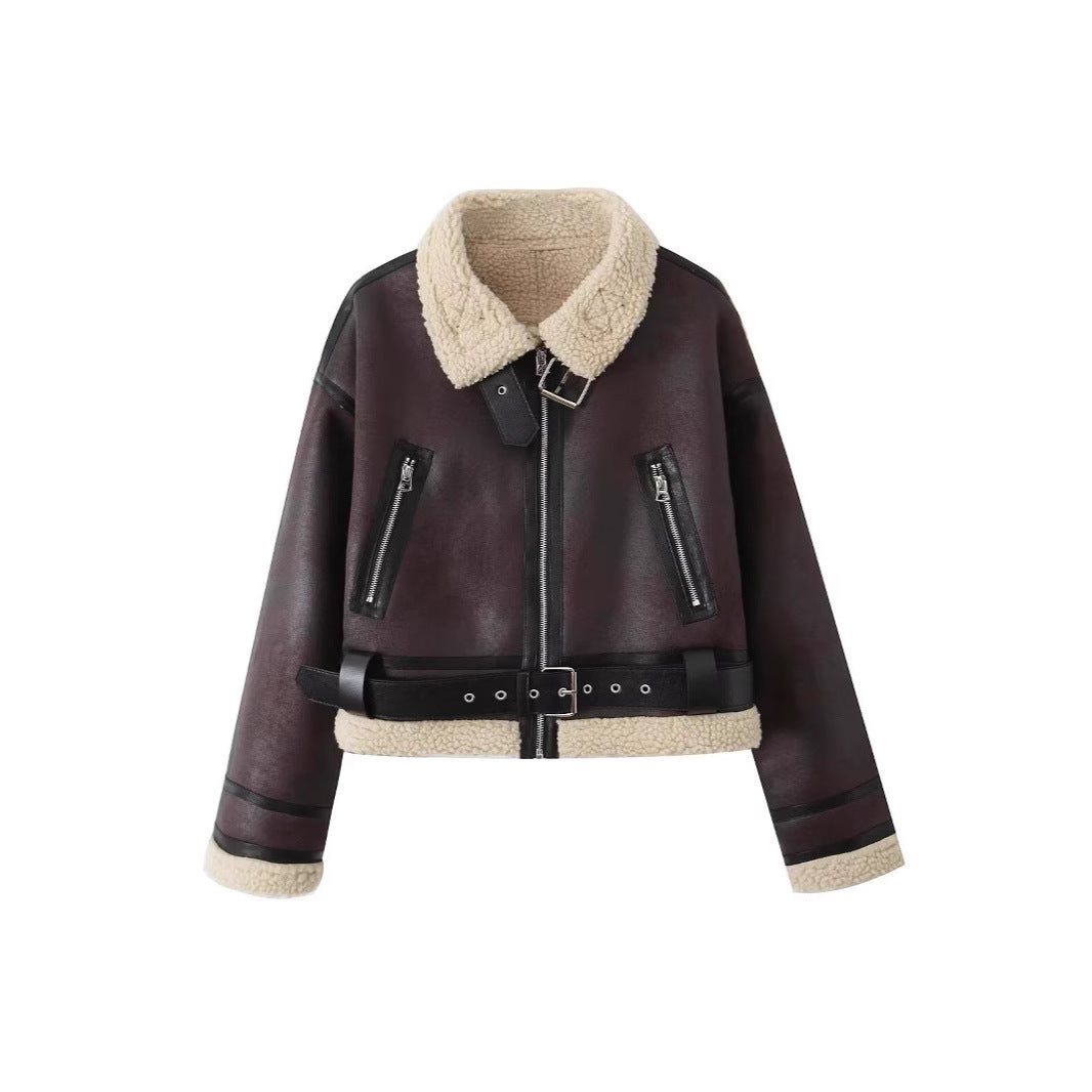 Wear Fur Integrated Lapel Thickening Warm Double-sided Casual Short Jacket Coat - D&A