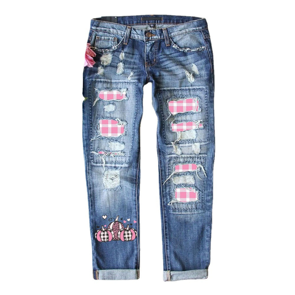 Women's Jeans Ripped Print Patch - D&A