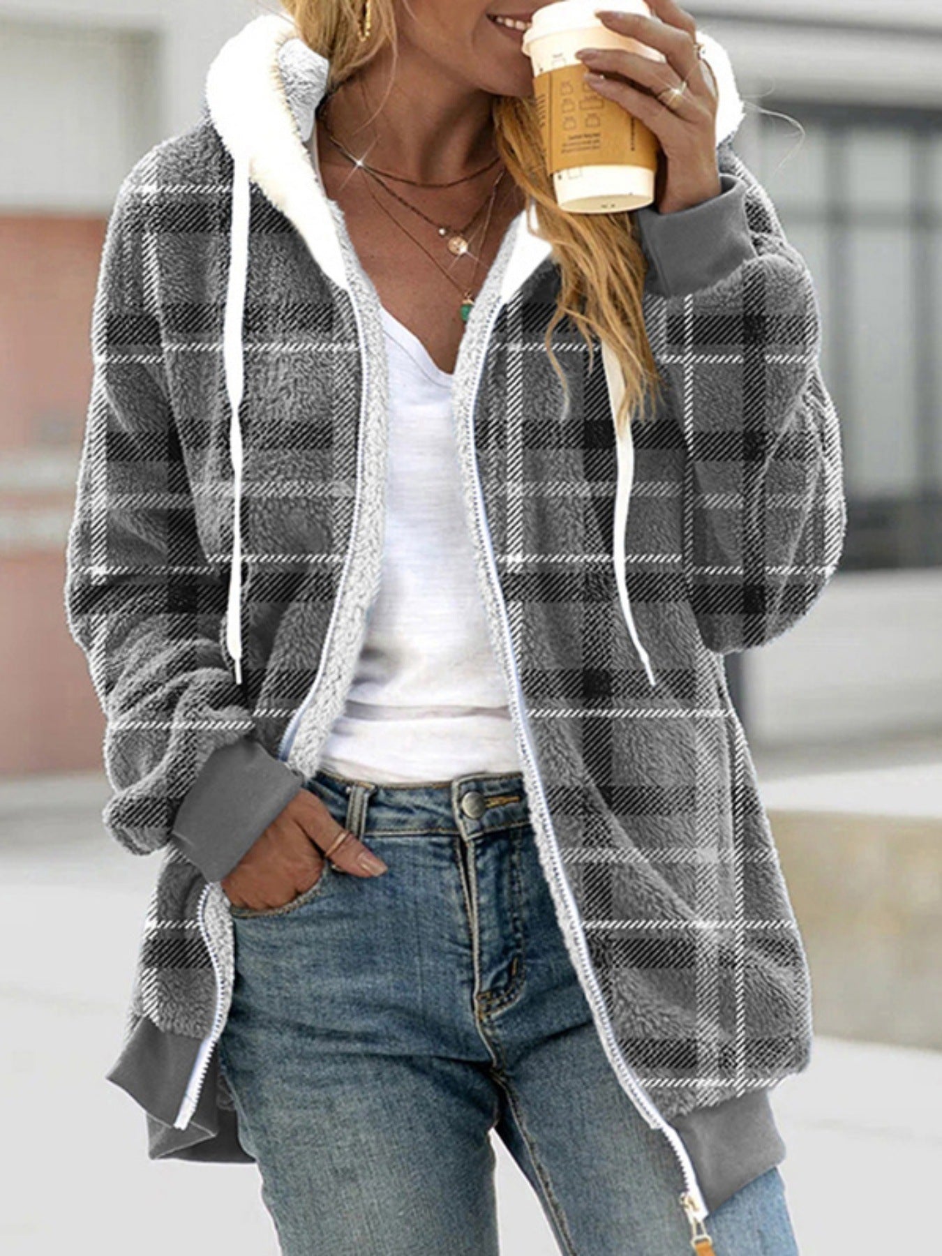 Women's Plush Lined Plaid Hooded Coat - D&A