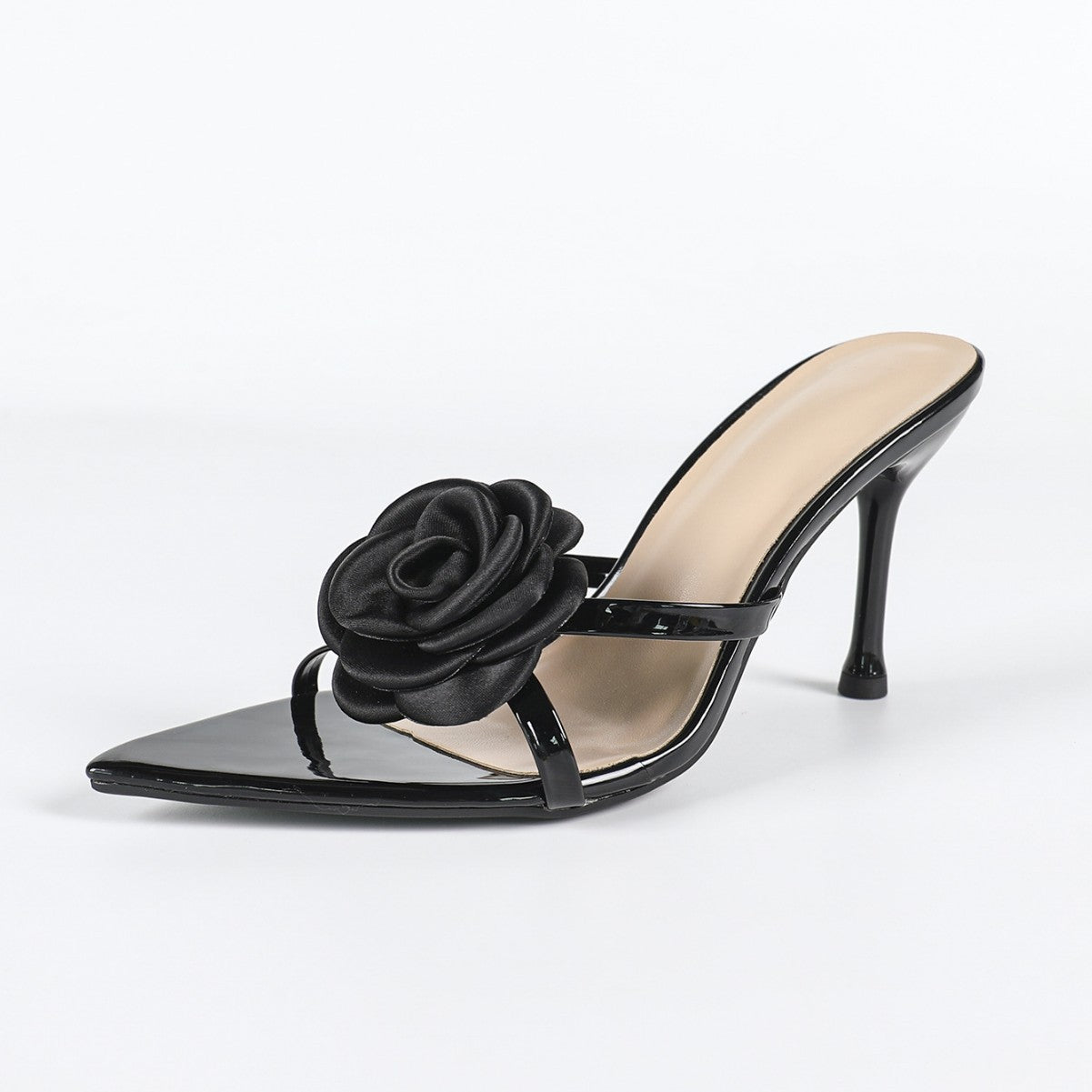 Women's Pointed Patent Leather Three-dimensional Flower Stiletto Heel Sandals - D&A