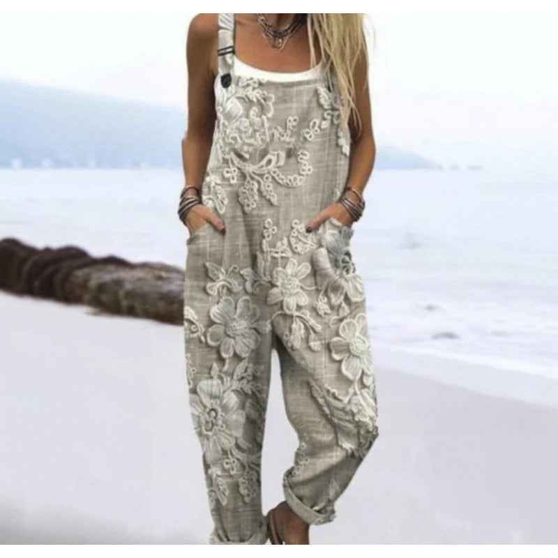 Women's Summer Digital Printing Button Casual Suspender Trousers