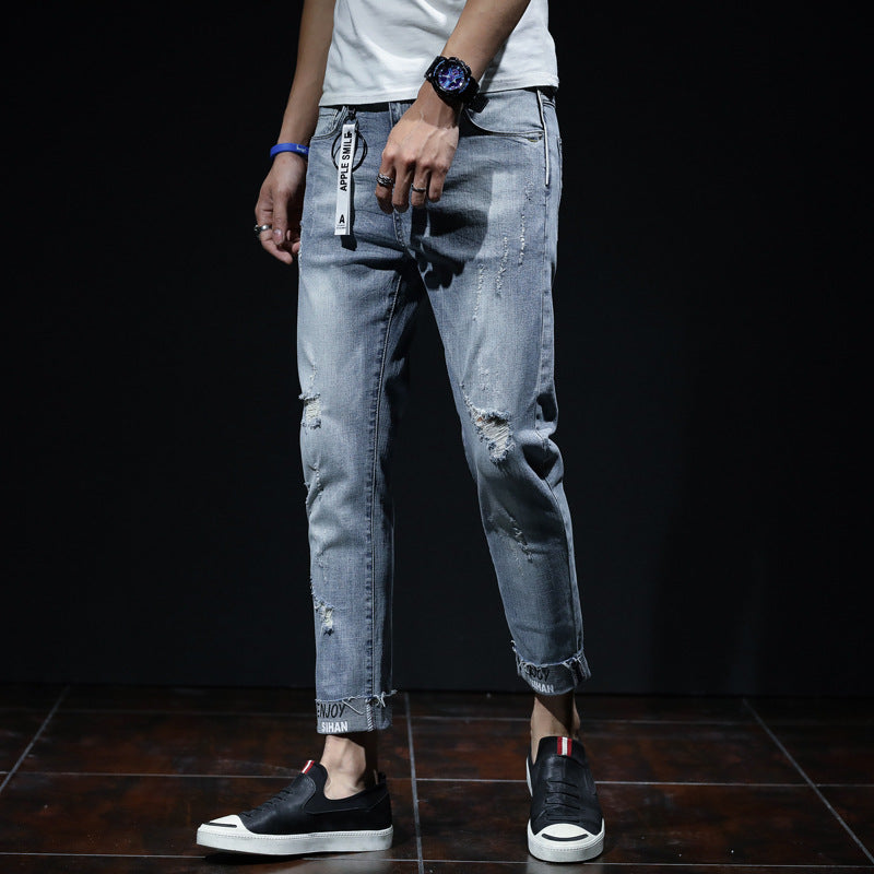 Spring And Summer Ripped Jeans Elastic Small Leg Straight Leg Pants Youth - D&A