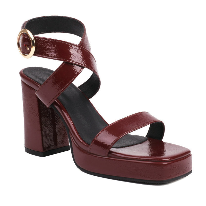 Square Toe Cross Buckle Strap Thick Bottom Chunky Heel Super High Heels Wine Red - D&A