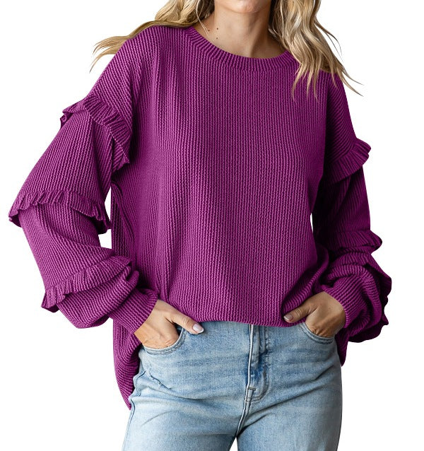 Women's Lantern Sleeve Round Neck Lace Sleeve Top Rose Red - D&A