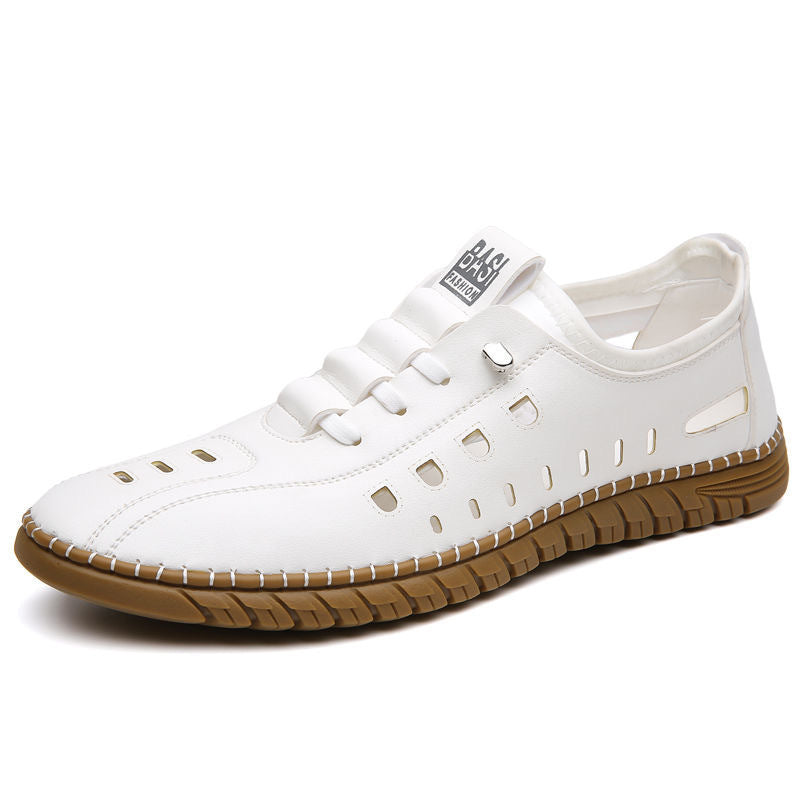 Hollow Breathable White Shoes Hole Shoes Soft Bottom Men Slip-on Leather Sandals - D&A
