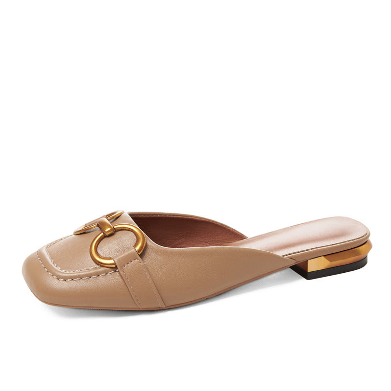 Summer Wear Fashionable Square Toe Korean Style Elegant Flat Heel Ins Slip-on Slippers Apricot - D&A