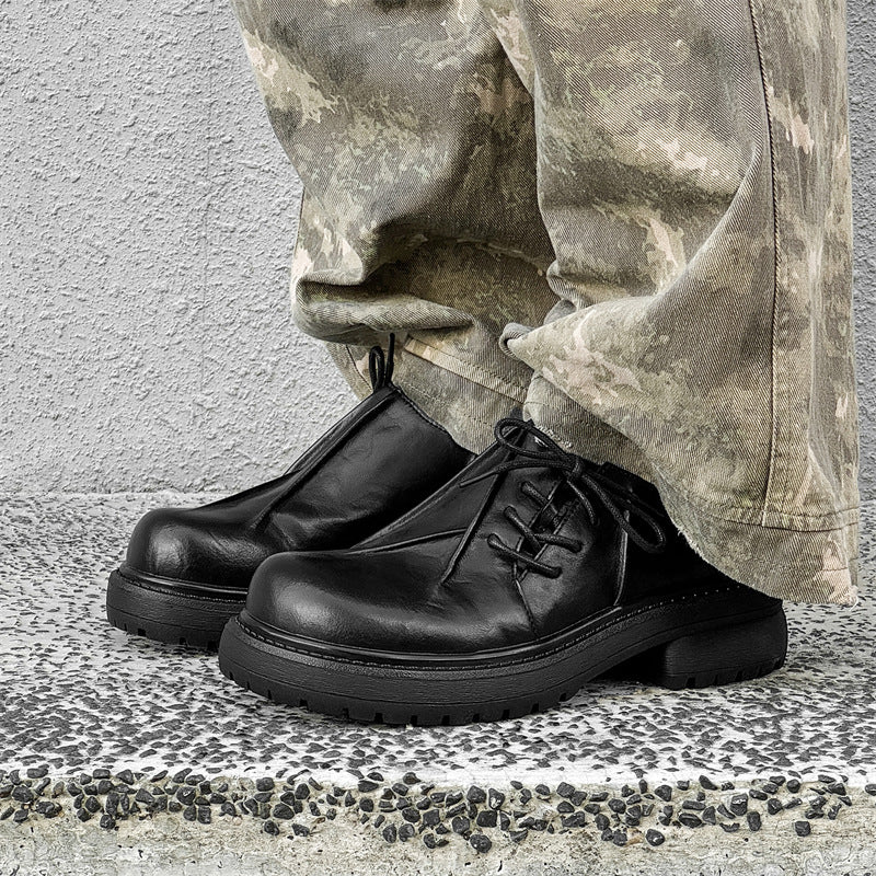 Inner Height Increasing Black Platform Warped Head Leather Shoes Men's Size Increased - D&A