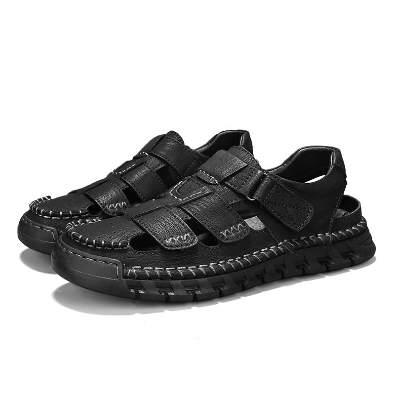 Men's Simple All-match Leather Non-slip Sandals 25866 Black Sandals - D&A
