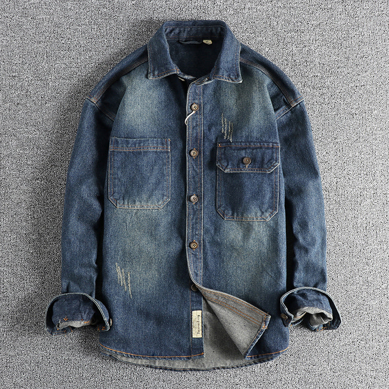 Washed Vintage Denim Shirt For Men Dark Blue - D&A