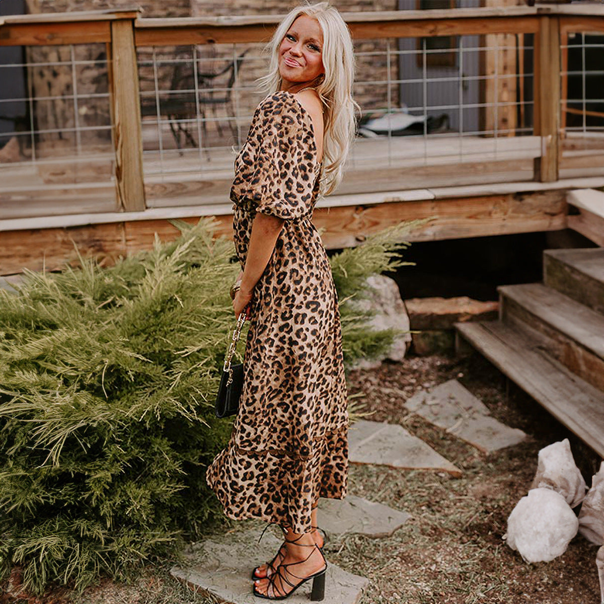 High Waist Dress Women's Lantern Sleeve Printed Maxi Dress - D&A