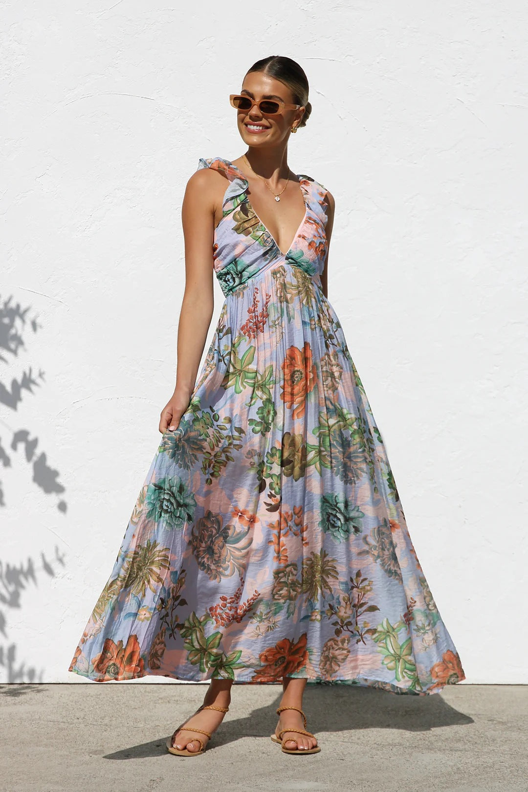 Women's Printed V-neck Large Swing Suspender Dress Flowers - D&A