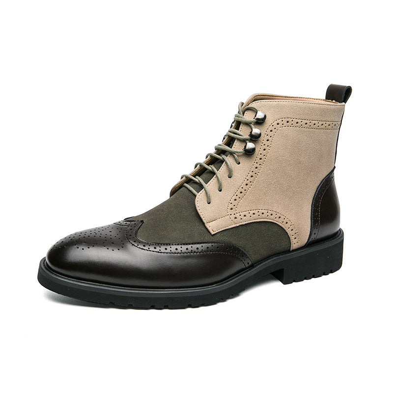 New Motorcycle Leather Boots Men's Fashion Plus Size Lace Up Denim Green Brown - D&A
