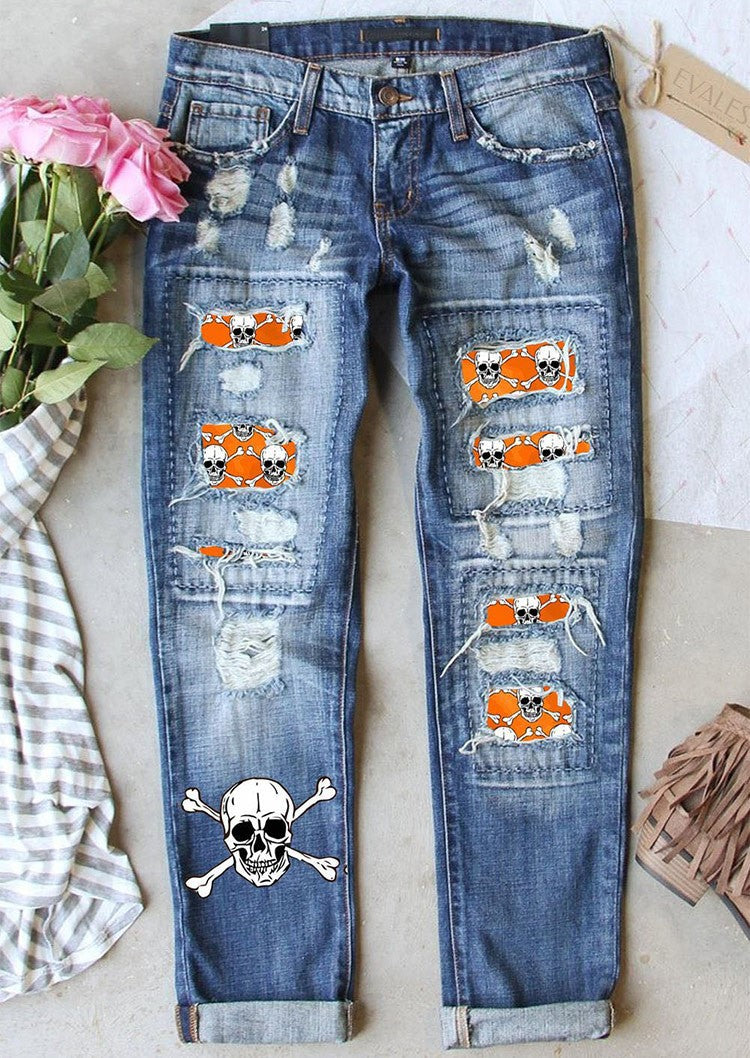 Women's Jeans Ripped Print Patch Skull Printing 005258 - D&A