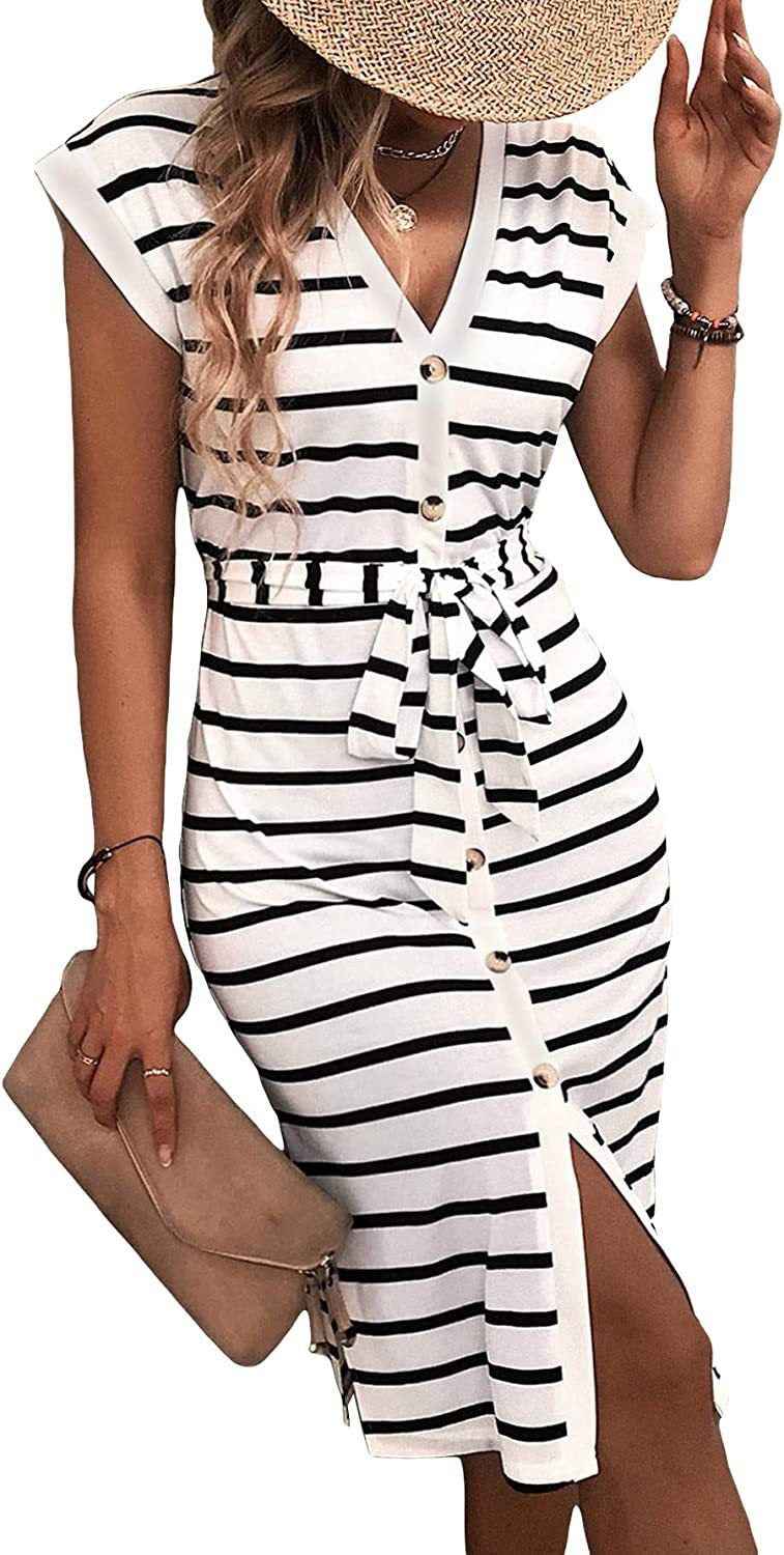 Striped Lace-up Cardigan Single-breasted Split Dress
