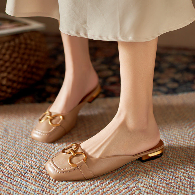 Summer Wear Fashionable Square Toe Korean Style Elegant Flat Heel Ins Slip-on Slippers - D&A