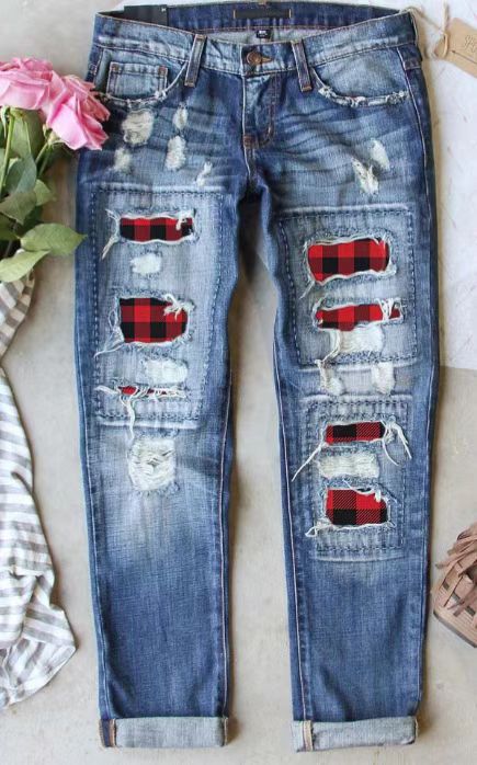 Women's Jeans Ripped Print Patch Plaid Patch 521238 - D&A