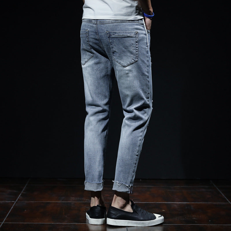 Spring And Summer Ripped Jeans Elastic Small Leg Straight Leg Pants Youth - D&A