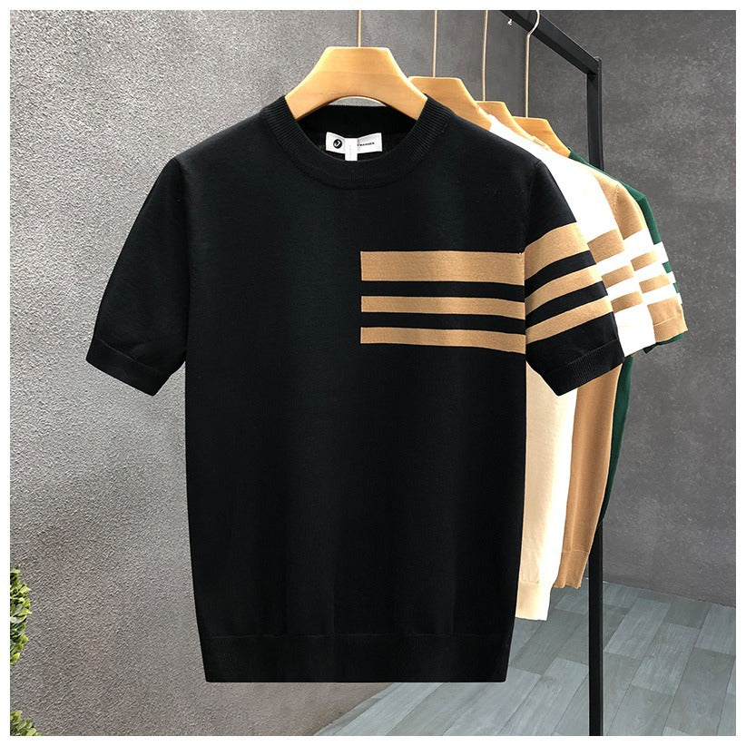 Trendy All-match Round Neck Knitted Short Sleeve Contrast Color Thin T-shirt - D&A