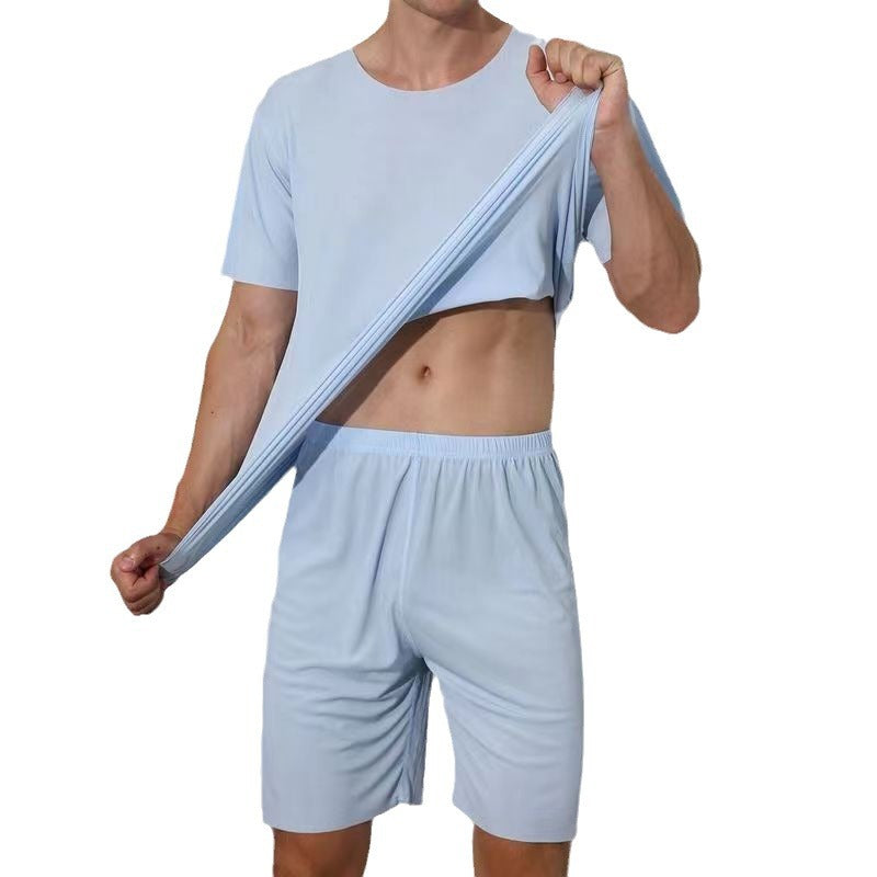 Advanced Ice Silk Round Neck Solid Color Short Sleeve Shorts Suit - D&A