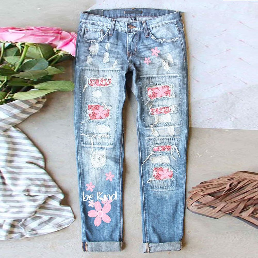 Women's Jeans Ripped Print Patch - D&A