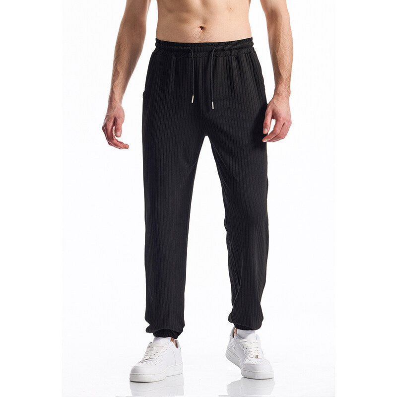 Silky Rib Fabric Casual Pants Baggy Straight Trousers Black - D&A