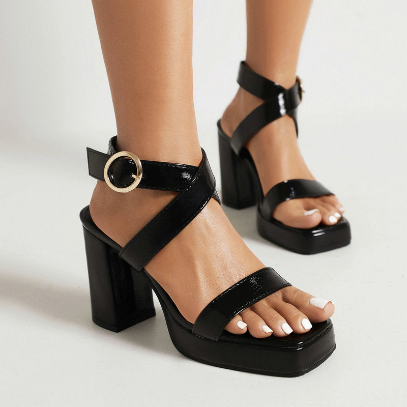 Square Toe Cross Buckle Strap Thick Bottom Chunky Heel Super High Heels - D&A