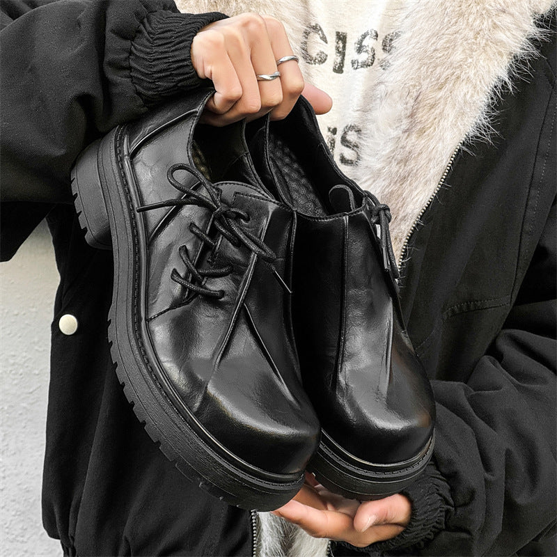 Inner Height Increasing Black Platform Warped Head Leather Shoes Male Size - D&A