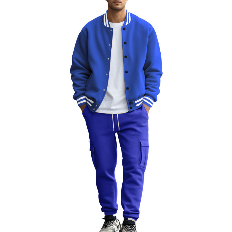 Stand Collar Baseball Uniform Trousers Fleece-lined Casual Coat Sports Suit Sapphire Blue - D&A